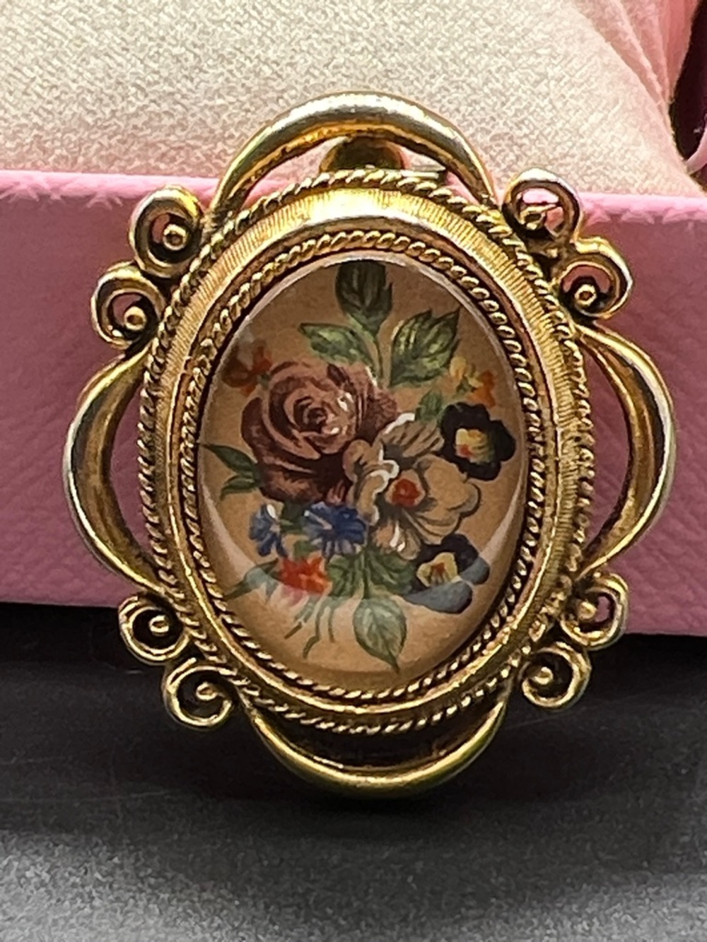 Gold-Tone Floral Cameo Brooch with Hand-Painted Bouquet